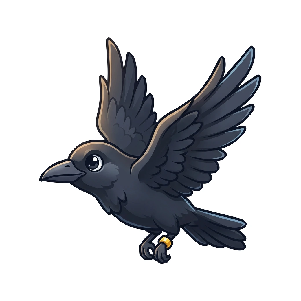 A legendary crow in flight, wings up
